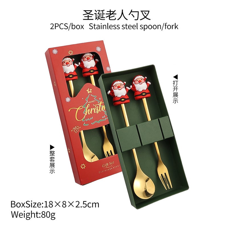 Christmas Spoon Suit Christmas Gift Tableware Two-Piece Dessert Spoon Fork Santa Elk - Image 1